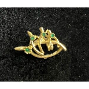 Vintage Wishbone Brooch Pin Gold Tone with Emerald Green Rhinestones 1.5"